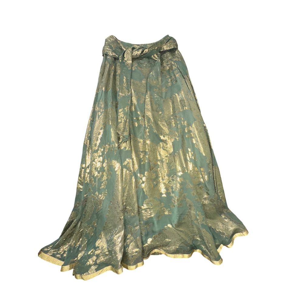 Soft Surroundings Silk Gold Metallic Paisley Boho Maxi Skirt Green XS Tall NWT